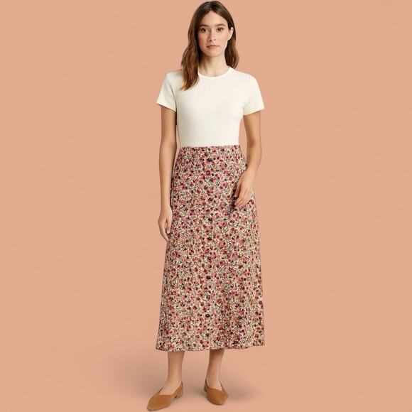 Christopher & Banks Burgundy Floral Rayon Button-Front Midi Skirt Women size 12 - Picture 2 of 11